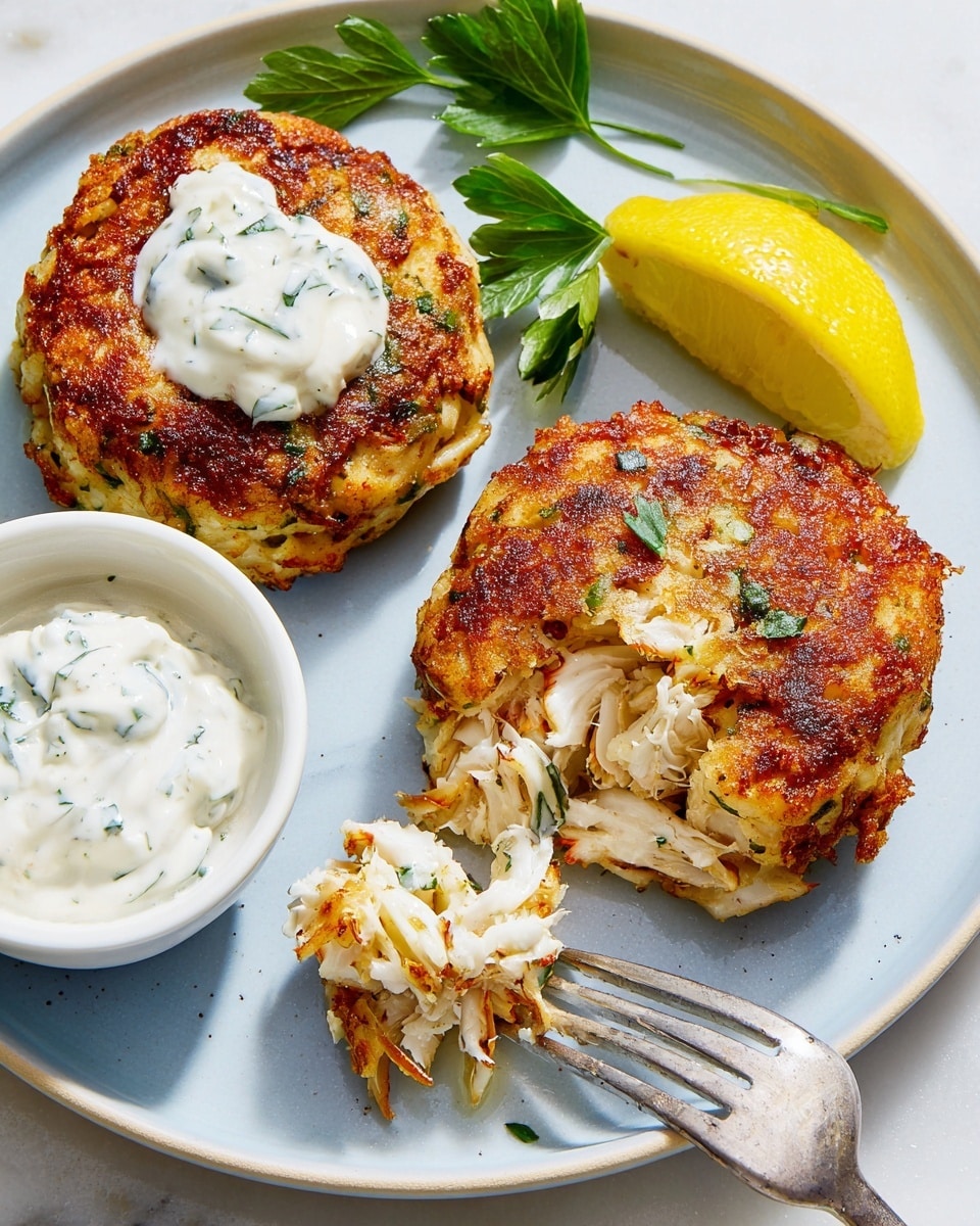 Two thick, round crab cakes with a golden brown crispy outside and soft, flaky white crab meat inside sit on a white plate with a light blue rim over a white marbled surface. One crab cake has a dollop of creamy white sauce with herbs on top and a silver fork pulling a piece away from it. Between the crab cakes and a small white bowl of the same sauce, there is a fresh green sprig of parsley and a bright yellow lemon wedge. photo taken with an iphone --ar 4:5 --v 7