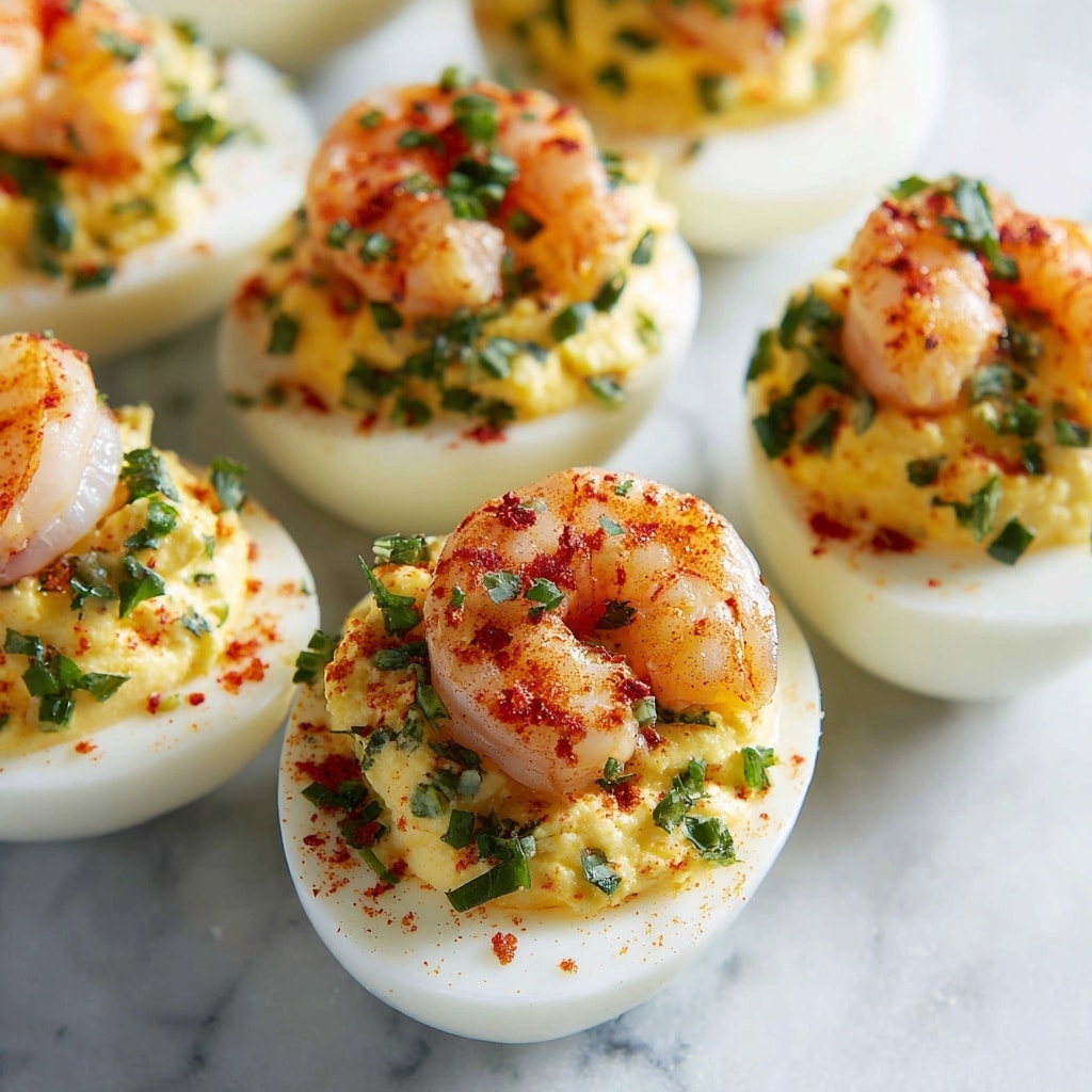 The image shows several pieces of deviled eggs arranged closely together on a white marbled surface. Each deviled egg has three visible layers: the base layer is the smooth white egg white, the middle layer consists of a creamy yellow filling mixed with finely chopped green herbs, and the top layer is garnished with small orange shrimp, sprinkled red seasoning, and bright green herb pieces. The shrimp have a light shiny texture with flecks of red spice, and the entire dish looks fresh and colorful. photo taken with an iphone --ar 4:5 --v 7