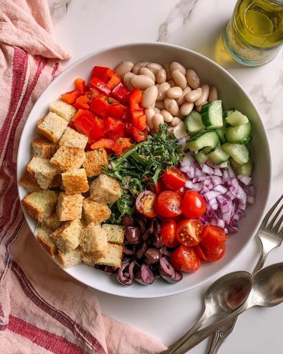 A white bowl holds a colorful salad with seven distinct sections: light beige cooked white beans at the top left, bright red chopped bell peppers next to the beans, finely chopped green herbs below the peppers, finely chopped light purple onions to the right, sliced bright red cherry tomatoes on the lower right, black sliced olives near the tomatoes, crunchy golden croutons stacked on the lower left, and fresh green sliced cucumbers above the croutons. The bowl is placed on a white marbled surface with a soft pink cloth with red stripes nearby, a silver fork and spoon below the bowl, and a bottle with a green cap to the upper right. Photo taken with an iphone --ar 4:5 --v 7