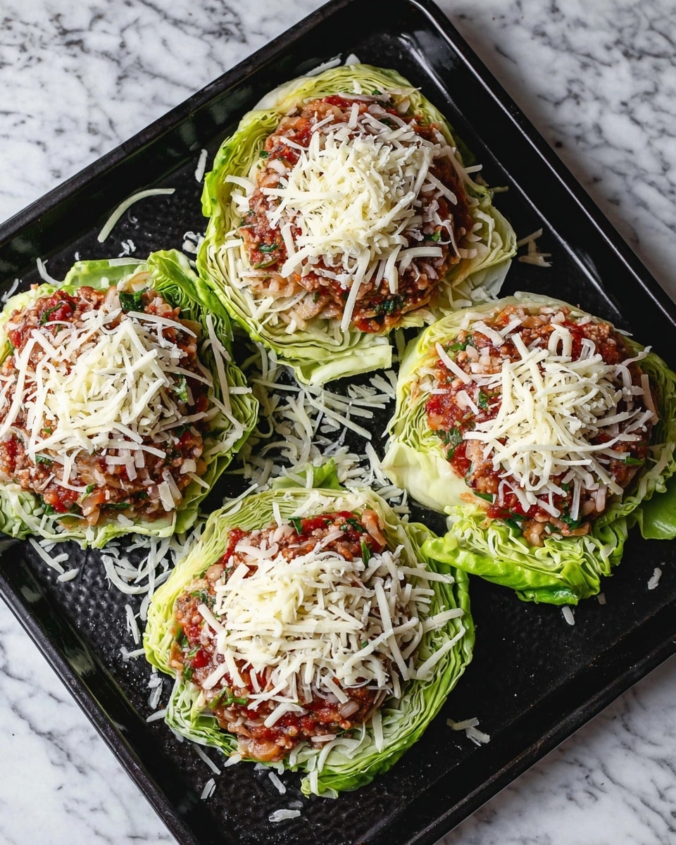 The image shows four round patties placed on thick round green cabbage leaves, all arranged on a black baking tray. Each cabbage leaf is light green with visible veins and edges curling upwards slightly. On top of the cabbage leaves is a thick, slightly uneven layer of reddish-brown meat mixed with small bits of herbs and vegetables, giving it a textured, chunky look. The meat layer is topped with a generous amount of shredded white cheese, scattered unevenly but covering most of the surface. The baking tray sits on a white marbled surface. Photo taken with an iphone --ar 4:5 --v 7