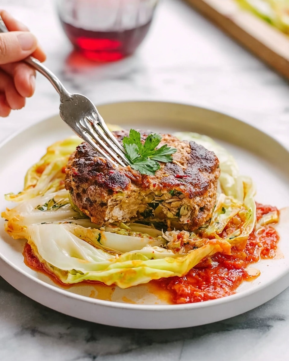 The image shows a white plate on a white marbled surface with a dish made of two main layers. The bottom layer consists of light green cabbage leaves cooked and slightly soft with some areas lightly browned, spread across the plate. On top of the cabbage sits a thick, round, cooked patty made of ground meat with a browned, slightly crisp outer texture and hints of green herbs mixed inside. The meat patty is topped with a small green parsley leaf for garnish. A woman’s hand holding a fork is taking a small piece from the patty, showing the meat’s texture inside. There is a light red tomato sauce spread around the cabbage, adding color and moisture to the plate. In the blurred background, there is a glass of red liquid. Photo taken with an iphone --ar 4:5 --v 7