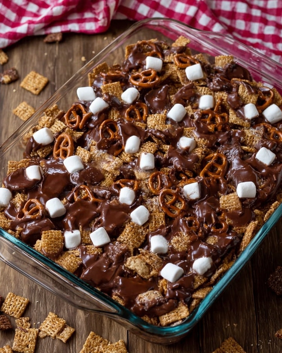 The image shows a clear glass tray filled with a crunchy dessert mix. It has a base layer of light brown cereal squares and pretzels covered in a shiny layer of melted chocolate that connects many pieces together. Small white marshmallows are scattered evenly on top, adding contrast to the dark chocolate and cereal mix. The tray is placed on a wooden table, and there are some cereal pieces outside the tray around its edges. The setting also shows a part of a red and white checkered cloth at the top right corner, all over a white marbled texture. photo taken with an iphone --ar 4:5 --v 7