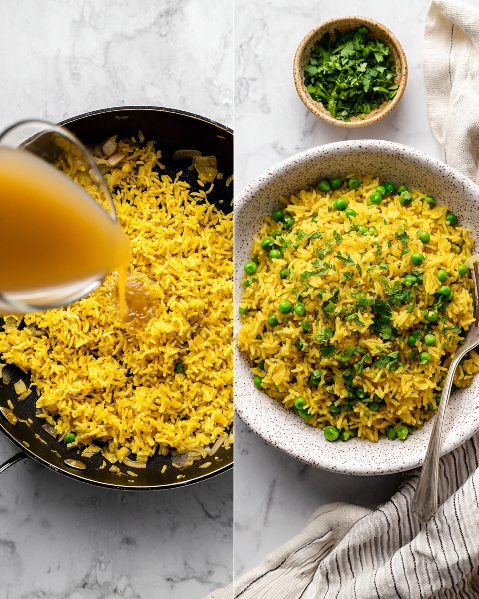 The image shows two parts: on the left, a black pan with yellow rice inside, mixed with small pieces of onion, and broth being poured into it, adding a light brown liquid layer on top; on the right, a white speckled bowl filled with a finished dish of yellow rice mixed evenly with bright green peas and sprinkled with fresh green chopped herbs on top, a silver fork resting inside the bowl; the background is a white marbled texture with a striped cloth napkin and a small bowl of green herbs nearby, photo taken with an iphone --ar 4:5 --v 7