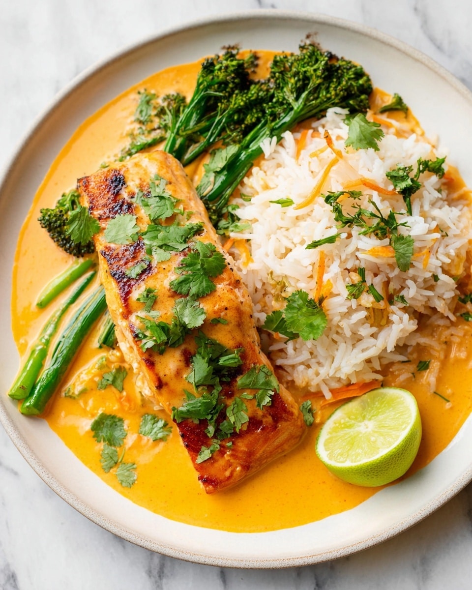 A white plate holds a dish with three main layers. On the bottom is a bright orange creamy sauce spread thinly on the white marbled surface beneath the plate. On top of the sauce, to the left side, there is a grilled salmon fillet, light brown with crispy char marks and sprinkled with fresh green cilantro leaves. Below the salmon, some green broccolini stems stick out, cooked but still bright green. To the right of the salmon is a mound of white rice mixed with thin orange carrot strips and flecks of green herbs. A lime wedge sits at the bottom right edge of the rice. The dish is bright and colorful, with the warm orange sauce and salmon contrasting with fresh green herbs and broccolini, all on a simple white plate. Photo taken with an iphone --ar 4:5 --v 7