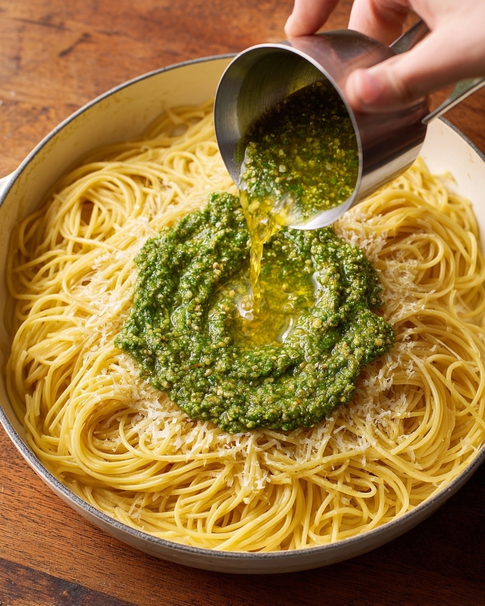 A white pan filled with a layer of cooked yellow spaghetti noodles. On top of the noodles, in the center, there is a thick, bright green pesto sauce with a textured surface. A woman's hand is pouring a clear liquid from a metal measuring cup onto the pesto sauce, creating a slight splash and mixing effect. The pan rests on a wooden table. photo taken with an iphone --ar 4:5 --v 7