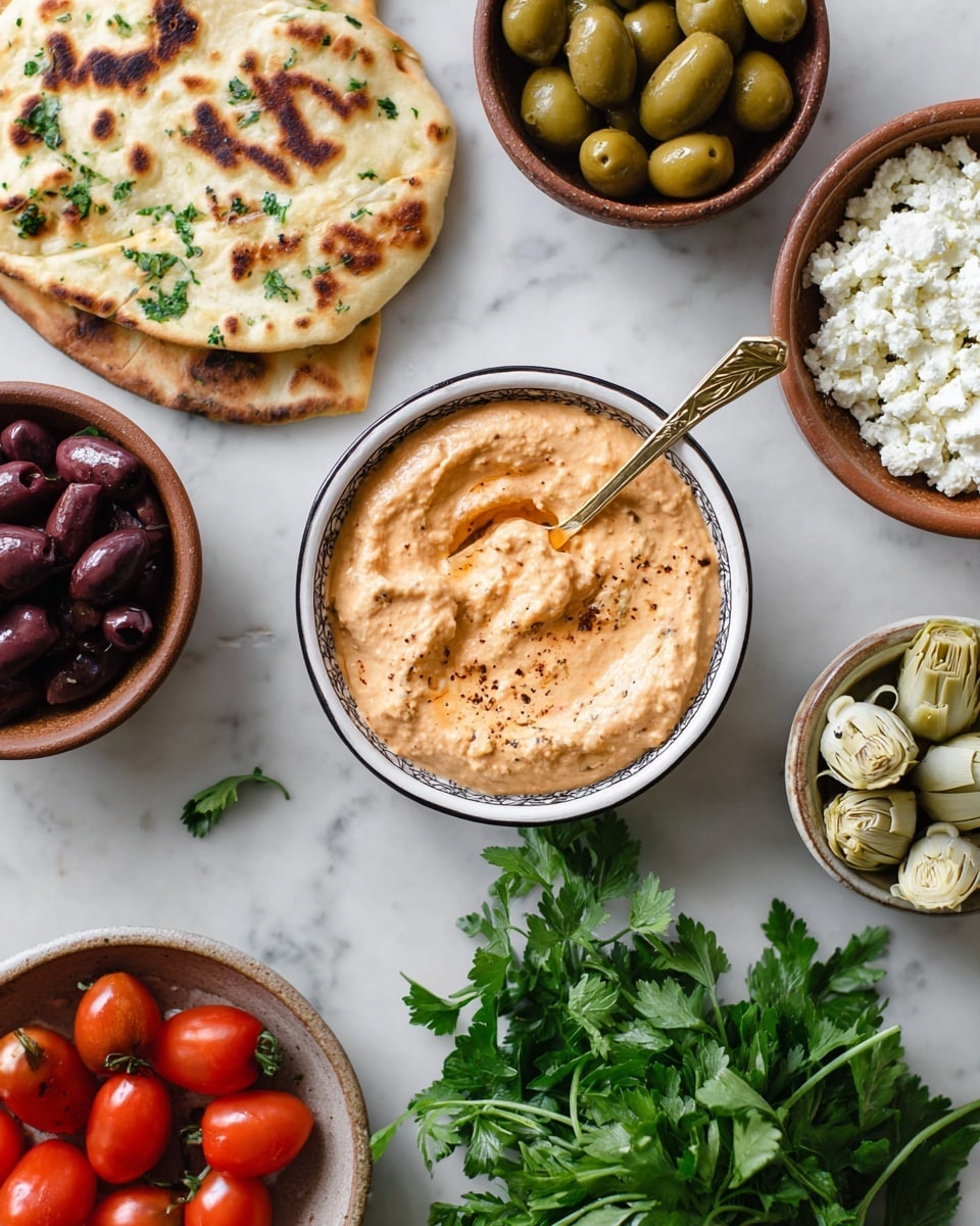 The image shows a white marbled surface with several bowls and a piece of flatbread. In the center is a white bowl with black trim filled with a light orange creamy dip, with a gold spoon resting inside. Around it, from the top clockwise, there is a brown bowl with white crumbly cheese, a brown bowl with green olives, a brown bowl with dark purple olives, a bunch of fresh green parsley, a piece of flatbread with a light golden-brown crust, a white bowl containing small red cherry tomatoes, a brown bowl with green leafy microgreens, and a small white cup filled with artichoke hearts. photo taken with an iphone --ar 4:5 --v 7