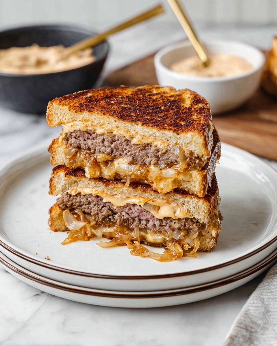 A sandwich is cut in half and stacked, placed on a white plate with a thin dark rim. The sandwich has two thick slices of golden-brown toasted bread with a slightly crispy and textured surface. Inside, there are two layers of cooked ground meat patties, each separated by a melted, light orange cheese layer with caramelized onions, some slipping out of the sides. In the background, there is a small black bowl filled with a creamy light beige spread and a white bowl with a golden spoon resting inside, all set on a white marbled surface. Photo taken with an iphone --ar 4:5 --v 7