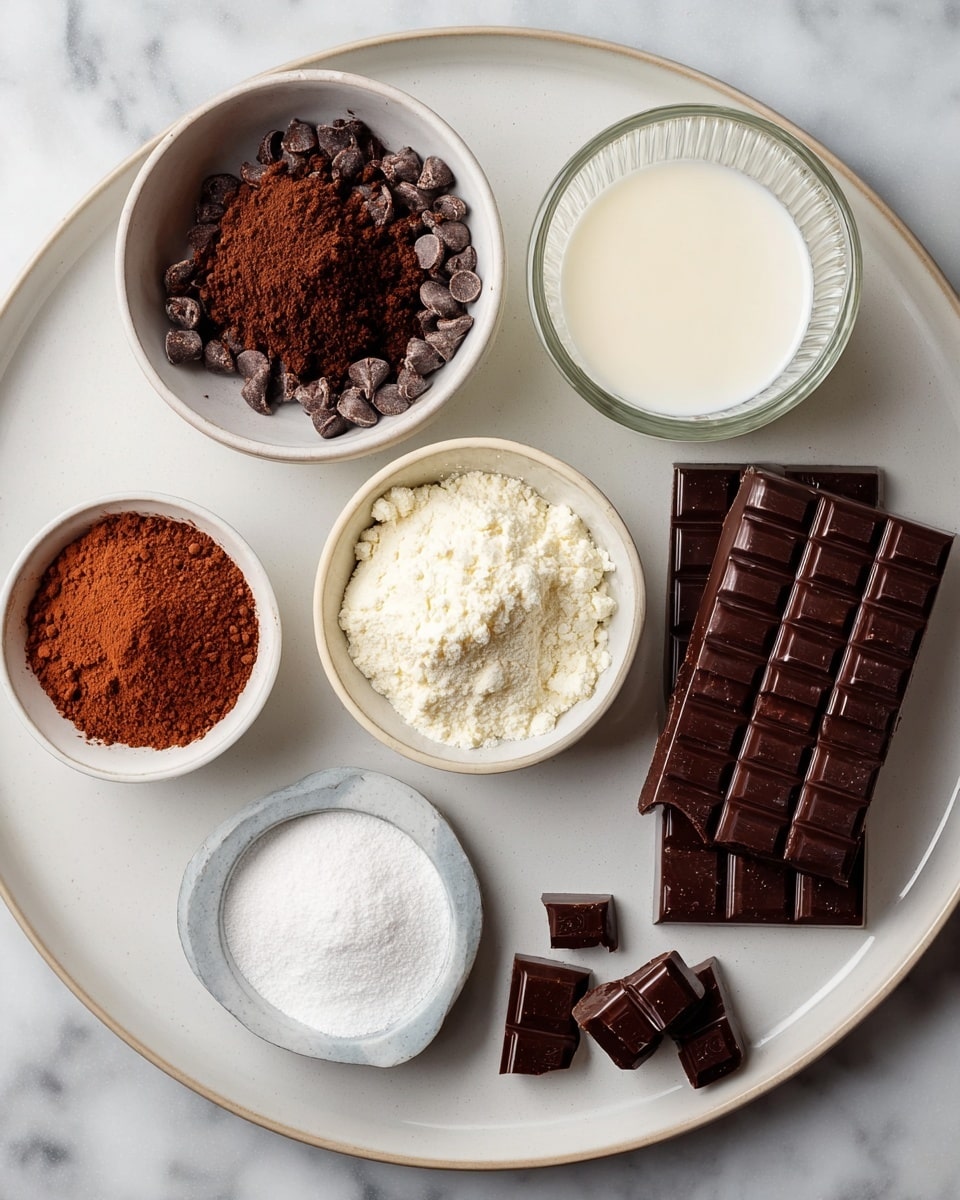 A round white plate holds six groups of ingredients arranged neatly. On the top left is a white bowl filled with dark brown powder with some chocolate chips mixed in. Next to it on the right is a small white bowl with a light cream powder that looks soft. Above that is a clear ribbed glass filled with white milk. Below the milk is a small white bowl with fine white sugar powder. To the left of this bowl is a smaller white dish with a reddish-brown powder spread evenly. On the bottom right of the plate, there are two stacked dark brown chocolate bars with a grid pattern, along with several small broken chocolate pieces placed beside the bars. Everything sits on a white marbled surface. photo taken with an iphone --ar 4:5 --v 7
