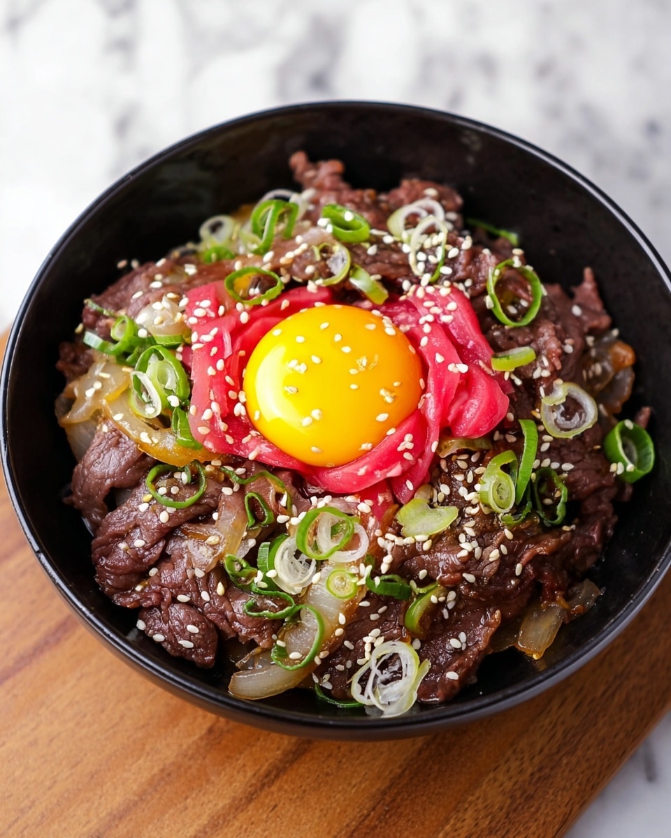 A round black bowl holds a layered dish starting with a base of thin brown cooked beef strips mixed with translucent cooked onions, all topped with a glossy bright yellow raw egg yolk placed centrally. Around the egg yolk are vibrant pink pickled ginger slices and thin white and green spring onion rings scattered over the beef. The beef and onions are sprinkled with white sesame seeds, adding texture contrast. The bowl sits on a white marbled surface. Photo taken with an iphone --ar 4:5 --v 7