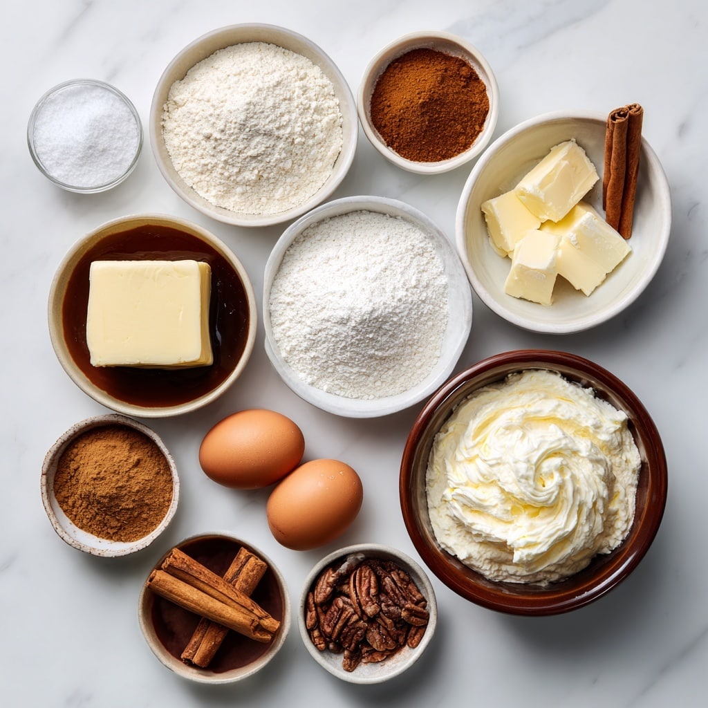 The image shows 14 small white bowls arranged neatly on a white marbled surface. Each bowl holds a different baking ingredient, creating a mix of colors and textures. The top left bowl contains a light beige flour with a fluffy texture, next to it is a bowl with dark brown powder that looks like cocoa. To the right is a small bowl with light brown powder, and below that is another bowl filled with a medium brown powder. In the middle left, a small bowl holds white granulated sugar, and beside it is a bowl with light beige powder that looks like baking powder. Above these is a small container of golden syrup, and next to it a small amount of pale cream liquid in another bowl. On the lower left side, a bowl with rich orange-brown powder is placed, near a bowl with dark brown coffee grounds. Next to this is a bowl with a stack of pale yellow butter rectangles, with another smaller bowl of pale white cream or butter nearby. At the bottom center, a small bowl contains coarse white rock salt, and in the bottom right, a larger bowl holds fine white powdered sugar with a slightly fluffy texture. Photo taken with an iphone --ar 4:5 --v 7