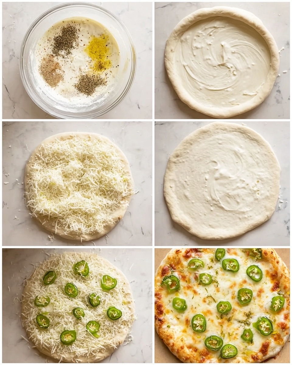A collage shows six images detailing the making of a pizza. The first image is a clear bowl with a white creamy mixture topped with black pepper, yellow powder, and other spices. The second image shows the same creamy mixture stirred smooth in the bowl. The third image presents a round pizza dough placed flat on a surface with a white marbled texture. The fourth image has the creamy mixture spread evenly over the pizza dough. The fifth image shows the pizza dough covered with shredded white cheese and topped with green sliced jalapeño peppers evenly spread. The sixth image is a baked pizza with a golden brown bubbly cheese crust and sliced green jalapeños scattered over the melted cheese with some sprinkles of herbs and red pepper flakes. Photo taken with an iphone --ar 4:5 --v 7
