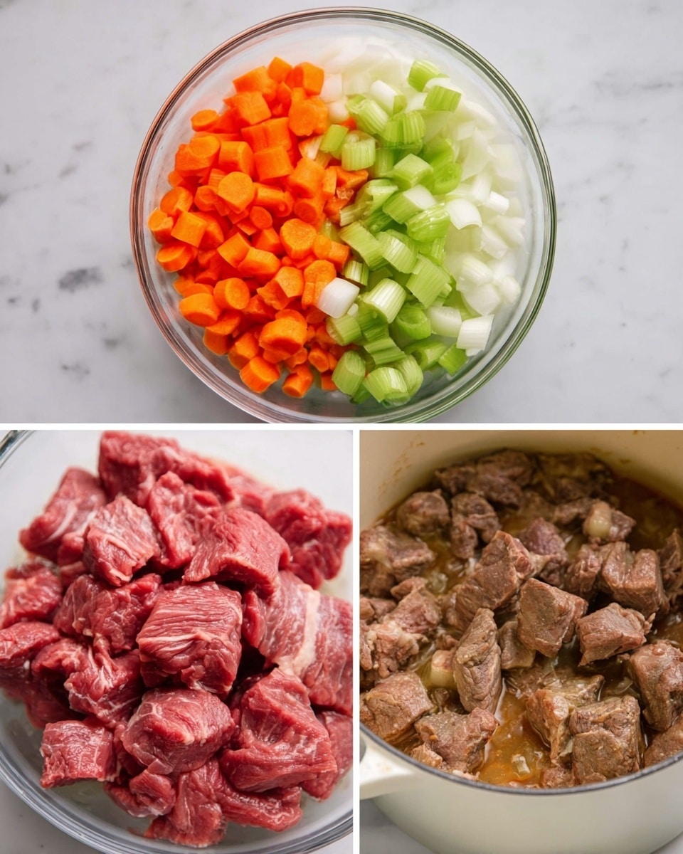 The image shows a side-by-side display of three stages of cooking meat stew. On the left, there is a clear glass bowl filled with three layers of chopped vegetables: bright orange carrots, pale green celery, and white onions, arranged in groups within the bowl on a white marbled background. In the middle, raw red meat chunks with white marbling sit in a clear glass bowl, showing a fresh and dense texture. On the right, stewed brown meat pieces are softly cooked in a white pot, with some visible sauce and tender texture, sitting on a white marbled surface. photo taken with an iphone --ar 4:5 --v 7