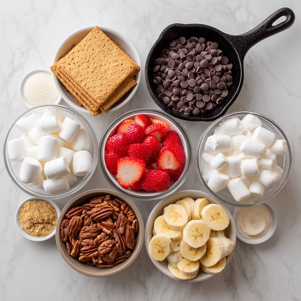 A black skillet filled with a colorful dessert that has three main layers: the bottom layer is lightly toasted white melted marshmallows, the middle layer has sliced red strawberries and yellow banana chips scattered on top, and the upper layer is sprinkled with small dark chocolate chips and rough pieces of walnuts. Four large rectangular light brown graham crackers are placed upright around the edge of the skillet. The skillet sits on a white marbled surface with a colorful patterned cloth underneath. photo taken with an iphone --ar 4:5 --v 7