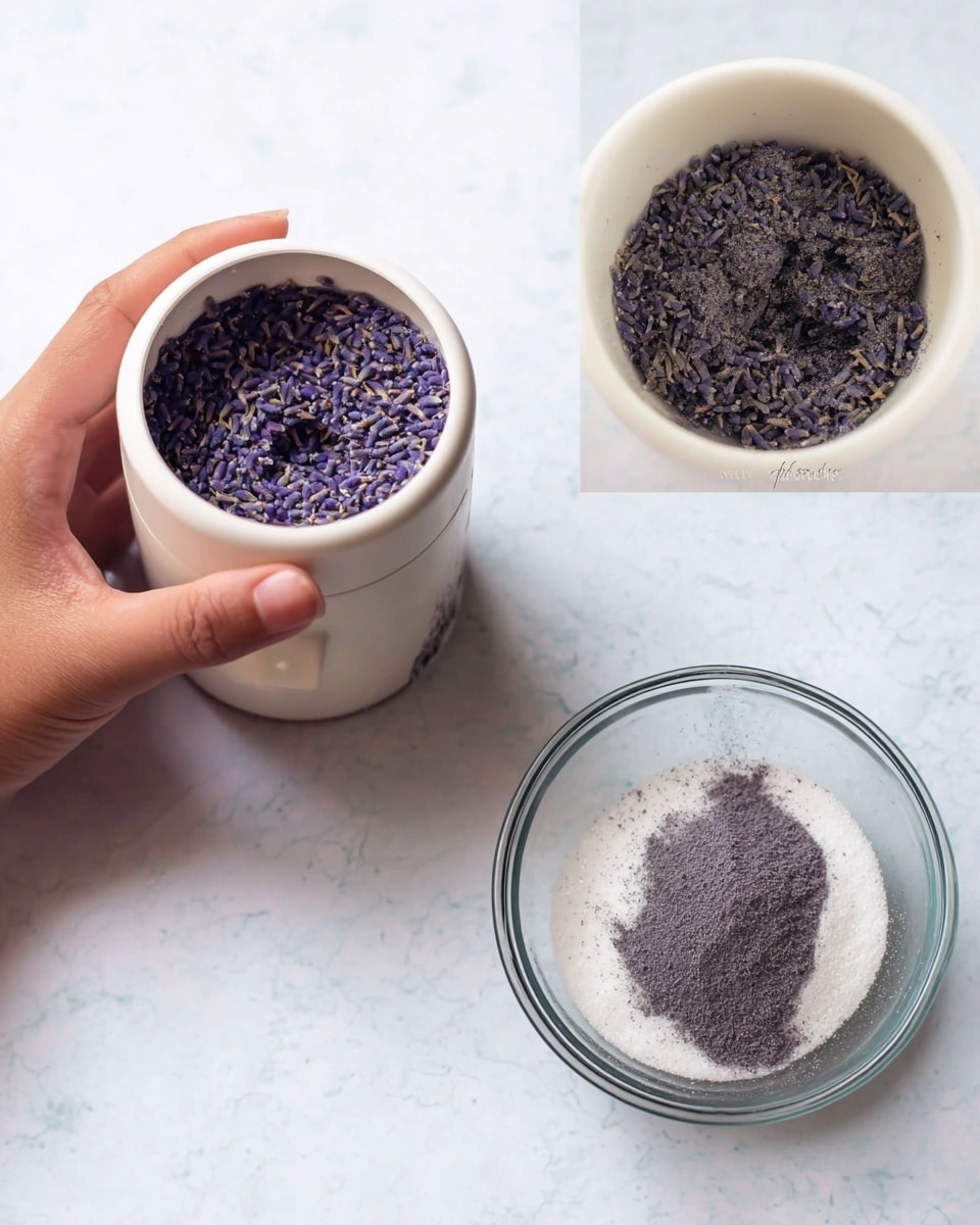 The image shows three parts: on the top left, a woman's hand holding a white electric grinder filled with whole purple dried lavender flowers; on the bottom left, the same grinder now with finely ground lavender inside, showing a textured dark purple powder; on the right side, a clear glass bowl on a white marbled surface filled with a layer of white sugar topped with a mound of finely ground lavender powder, dark purple in color, with a light and powdery texture. photo taken with an iphone --ar 4:5 --v 7