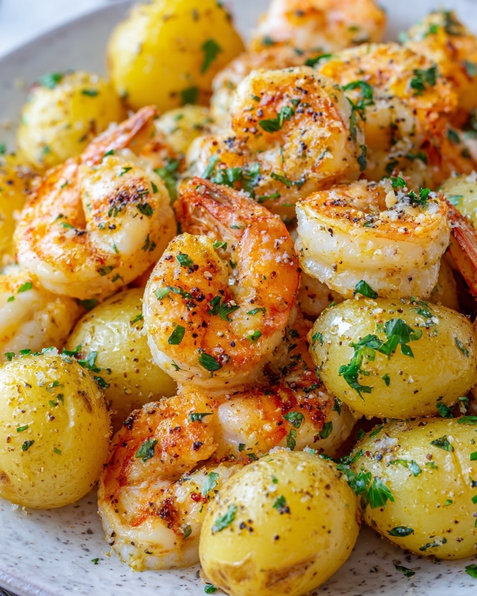 This close-up image shows many cooked shrimp and small round potatoes mixed together. The shrimp are light orange with some grill marks, their texture curved and slightly shiny. The potatoes are pale yellow, smooth, and look soft. Both shrimp and potatoes are sprinkled with green parsley bits and black pepper. There is a light layer of white seasoning or salt over the top, adding a slight sparkle to the dish. The background is a white marbled texture. photo taken with an iphone --ar 4:5 --v 7
