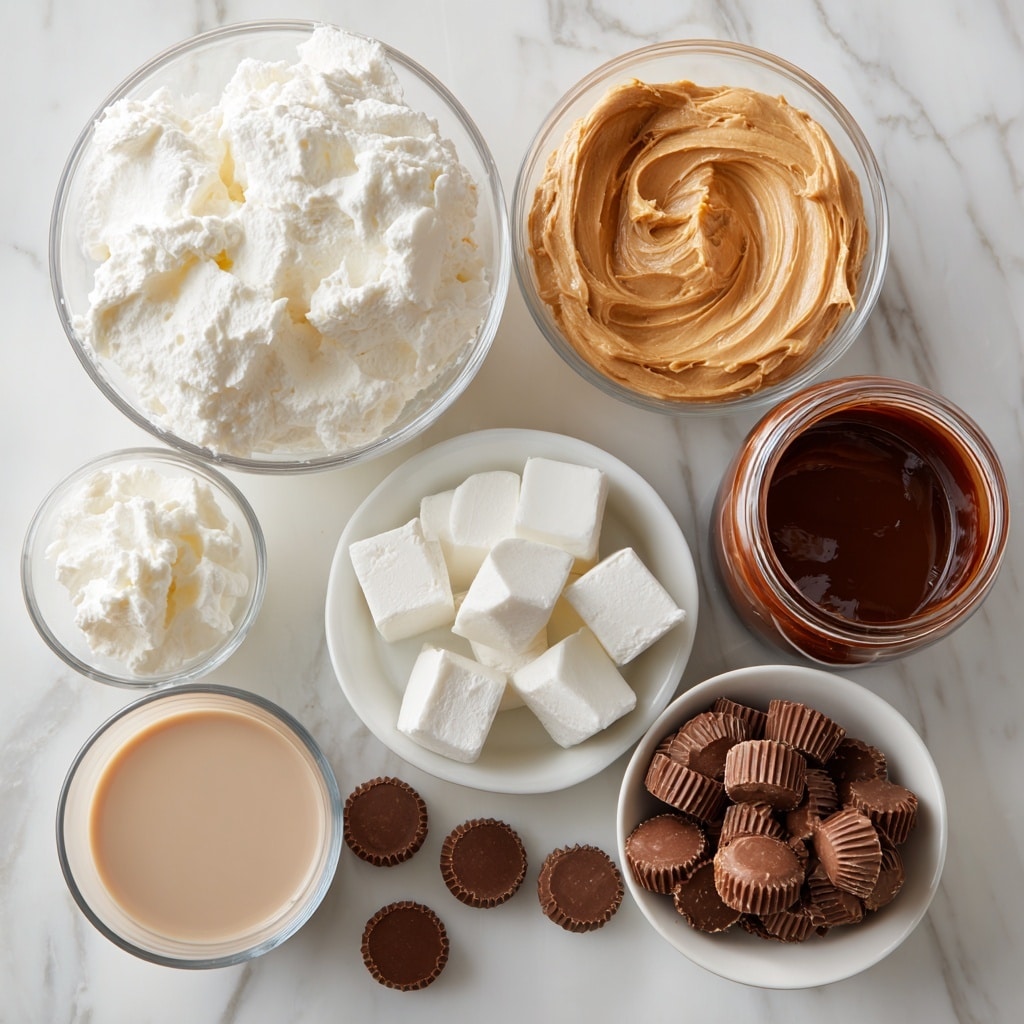 The image shows nine clear and white bowls and containers arranged on a white marbled surface. Starting from the top left, there is a clear bowl filled with fluffy white whipped cream. To the right, there is a smaller clear bowl containing creamy, light brown peanut butter. Below that, there are four white packets of Swiss Miss hot chocolate mix stacked slightly overlapping. On the bottom left, a clear glass holds light brown chocolate milk, next to a larger clear bowl filled with ice cubes. A dark brown jar of hot fudge sauce is positioned near the right side of the image, with a white bowl nearby holding several mini peanut butter cups, some scattered outside the bowl. The overall colors are soft whites and browns, highlighting the ingredients clearly. Photo taken with an iphone --ar 4:5 --v 7