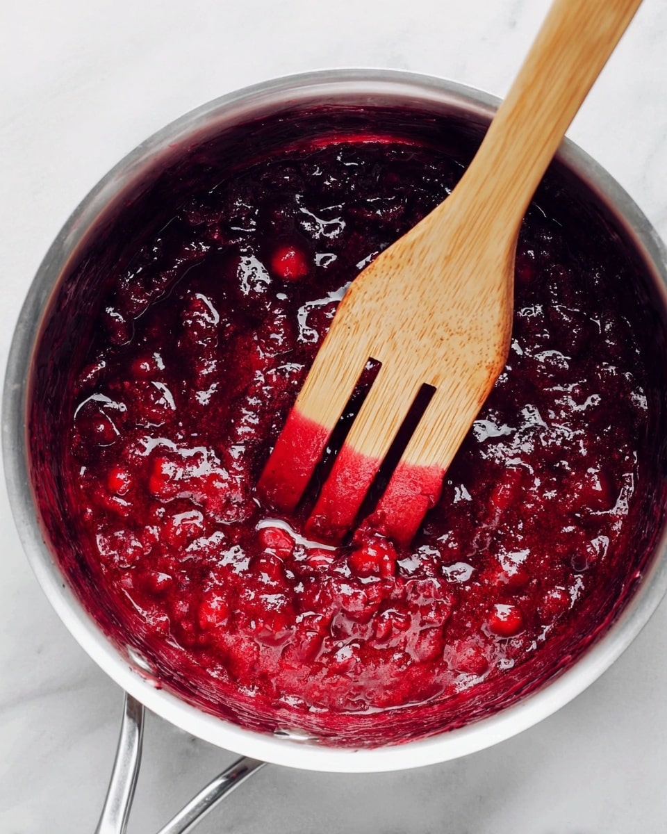 A close-up top view of a silver pot filled with thick, bright red berry sauce with visible whole and crushed berries. A light wooden spatula with three long slots is stirring the sauce, the tip of the spatula soaked in the red sauce. The pot sits on a white marbled surface. photo taken with an iphone --ar 4:5 --v 7