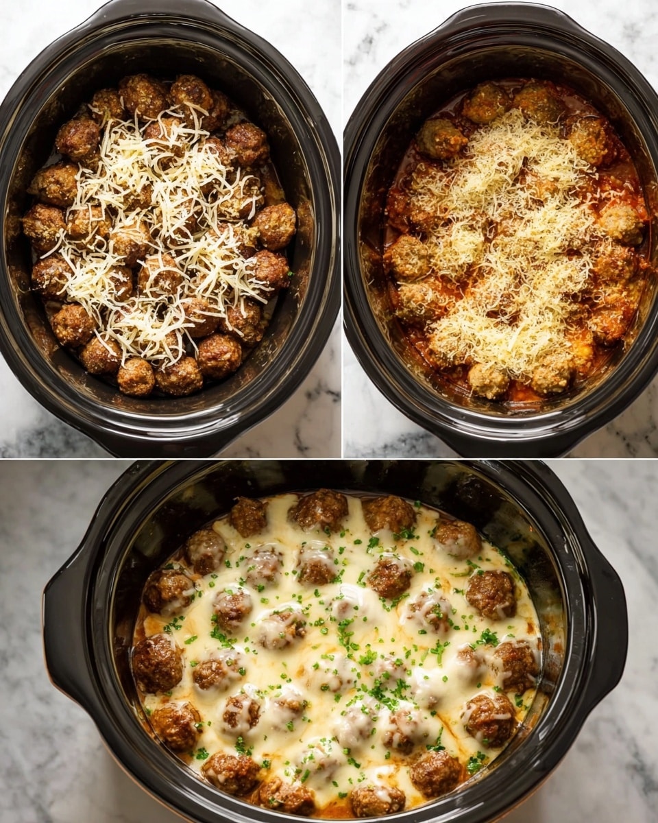 A close-up view of a spoon lifting several brown meatballs covered with melted white and light yellow cheese from a white marbled pot filled with more meatballs layered underneath with the same melted cheese. The cheese is stringy and stretches from the spoon to the pot, showing a thick texture on top of the meatballs. The scene is warm and rich, capturing the gooey cheese on the textured brown meatballs. A woman's hand holds the spoon from the edge of the frame. Photo taken with an iphone --ar 4:5 --v 7