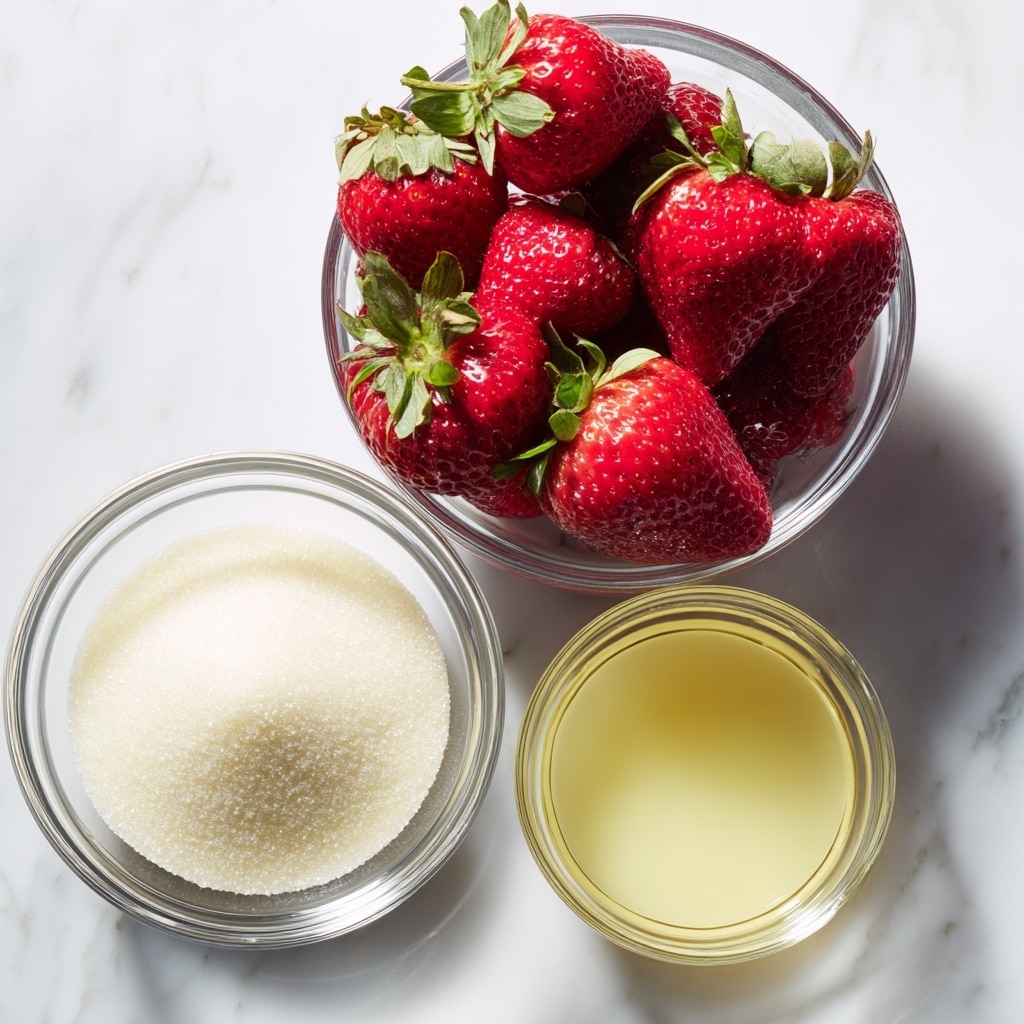 A clear glass bowl filled with bright red strawberries that have small green leaves on top sits in the center against a white marbled surface. Below it, two smaller clear glass bowls rest side by side; the left bowl has white granulated sugar with a smooth, slightly heaped surface, and the right bowl contains pale yellow fresh lemon juice with a smooth liquid texture. The items are arranged neatly in a triangular formation. Photo taken with an iphone --ar 4:5 --v 7