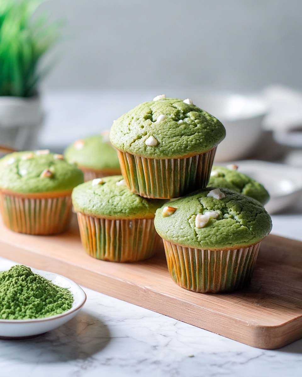 The image shows five green muffins with small white pieces inside, stacked on a wooden board on a white marbled surface. The muffins have a soft, slightly rounded top with a grainy texture. Each muffin is in a green paper cup that matches the muffin's green color. The muffins are arranged with three in a row, one stacked on top in the middle, and one closer to the front of the board. In the background, there is a white bowl with green powder and a blurred plant. The lighting is soft and bright, highlighting the texture and colors of the muffins. Photo taken with an iphone --ar 4:5 --v 7