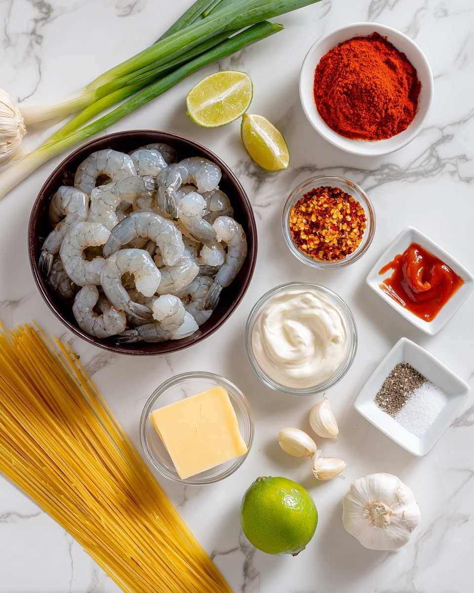 On a white marbled surface, there is a dark bowl filled with raw shrimp arranged in a loose pile showing their translucent gray and pink colors. Above the bowl are three long green onions with fresh green and white colors. To the right side, there is a small white bowl containing bright red smoked paprika powder. Next to it, an open glass bottle spills orange-red pepper flakes onto the marble. A whole green lime sits below the pepper flakes. Below the lime, a clear glass bowl holds a dollop of white mayo with creamy texture. To the right of the mayo, a small white bowl has peeled garlic cloves. Below the garlic, a small white dish has a swirl of red sriracha sauce. Next to the sriracha is a divided white dish holding coarse salt and black pepper. Toward the bottom center, a square white dish contains a yellow block of butter. To the left of the butter, a small clear bowl holds chopped white onion. Above the onion, a round white bowl is filled with bright red Thai chili sauce. On the left side of the image, uncooked yellow spaghetti pasta strands are spread out diagonally. Above the pasta, a small glass with clear pasta water is visible. The whole scene is set on a white marbled surface. photo taken with an iphone --ar 4:5 --v 7