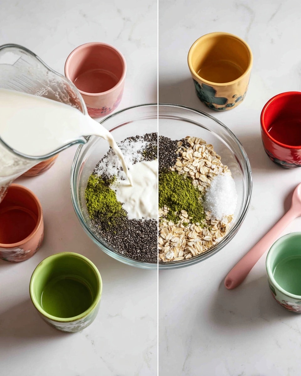The image shows a clear glass bowl with five main layers inside: a large layer of dark chia seeds on top, some white creamy yogurt or similar dairy, light brown rolled oats, a small pile of green matcha powder, and a small pile of white flaky salt, all distinctly separate and filling about half the bowl height. Around the bowl on a white marbled surface are five small ceramic containers in red, dark green, beige, black, and light green colors, filled with different liquids or powders, and a small measuring cup pouring white milk or liquid into the bowl. A pink silicone spatula and a tall glass jug with more white milk are nearby. photo taken with an iphone --ar 4:5 --v 7