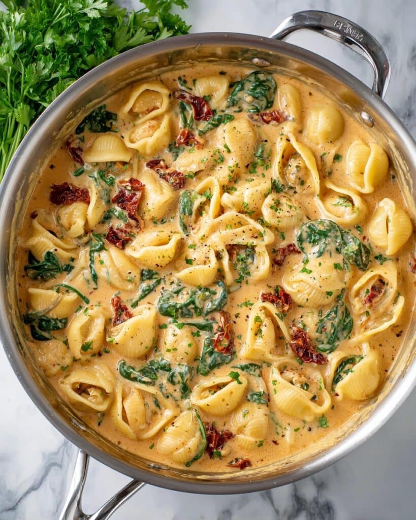 Tuscan Mac and Cheese with Spinach, Sundried Tomatoes, and Three-Cheese Cream Sauce Recipe