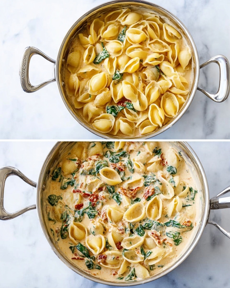 The image shows two metal pans on a white marbled surface, each filled with creamy pasta. The first pan contains a thick layer of yellow shell pasta piled on top of a creamy sauce with visible green spinach and pieces of sun-dried tomatoes mixed in. The second pan shows the pasta fully mixed into the sauce, with the shells evenly coated in a creamy beige sauce, scattered spinach leaves, and small sun-dried tomato pieces giving a splash of red color throughout. Both pans have shiny silver handles and the scene is bright and clear, photo taken with an iphone --ar 4:5 --v 7