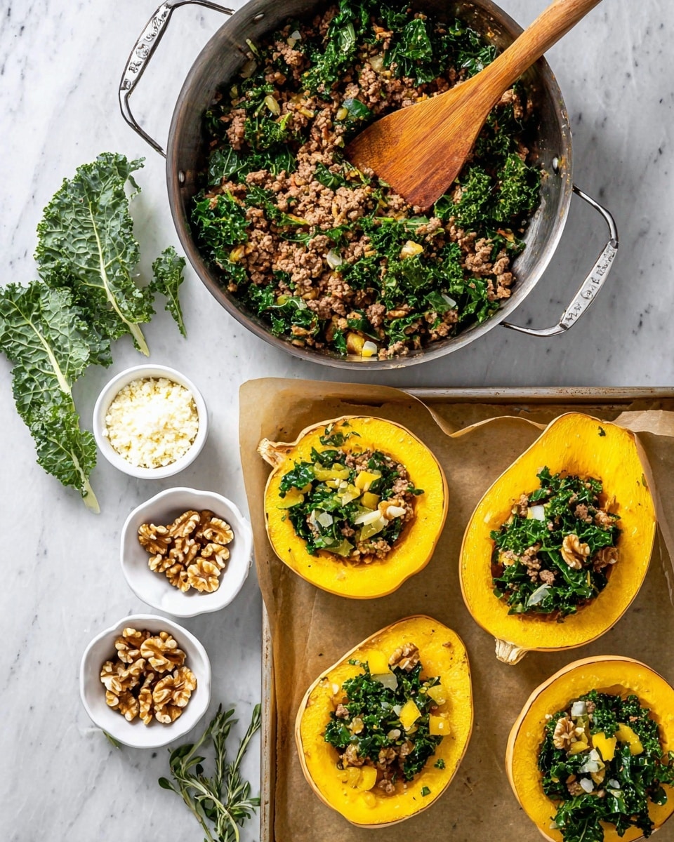 The image shows a cooking pan filled with cooked ground meat mixed with chopped kale and small pieces of yellow vegetable, stirred by a wooden spoon. Below the pan, there is a baking tray lined with parchment paper holding four halved acorn squashes; two halves are filled with the meat and kale mix on the bright yellow flesh layer, while the other two halves are empty showing the smooth inner yellow flesh. Around the tray, there are small white bowls with walnuts and white crumbled cheese placed on a white marbled surface, with some sprigs of fresh herbs beside them. Photo taken with an iphone --ar 4:5 --v 7