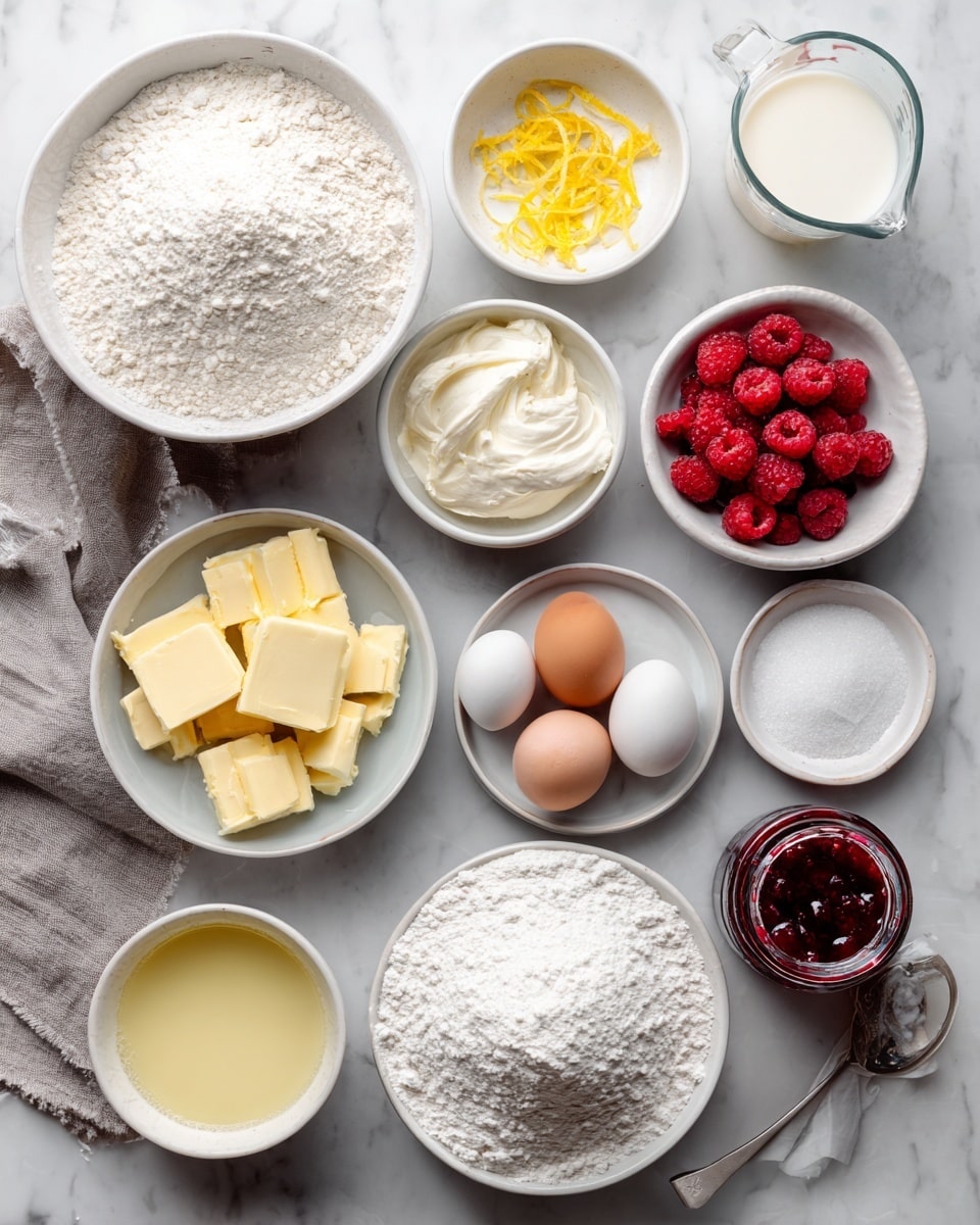 A top-down view shows several white bowls and small dishes arranged neatly on a white marbled surface. There is a large bowl filled with white flour, next to smaller bowls holding cubed yellow butter, smooth white cream cheese, red raspberries, two raw eggs, granulated sugar, a pale yellow liquid, and a mound of white powder resembling powdered sugar or baking powder. A glass measuring cup holds milk. A small plate contains lemon zest, and another has a spoon inside a jar of deep red raspberry jam. Two more tiny bowls hold fine white salt and a light beige powder likely yeast. A light gray cloth is partly visible on the left side. photo taken with an iphone --ar 4:5 --v 7