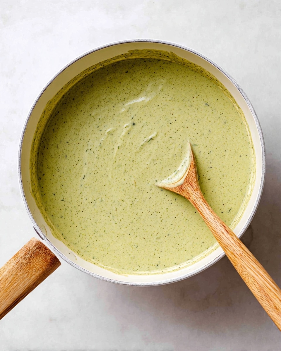 A white pan filled with a smooth, thick light green sauce or soup with tiny dark green flecks throughout. A wooden spoon with a light brown handle rests inside the pan near the edge, stirring the sauce gently. The pan has a white interior and a wooden handle that extends out to the side. The whole scene is set on a white marbled surface photo taken with an iphone --ar 4:5 --v 7