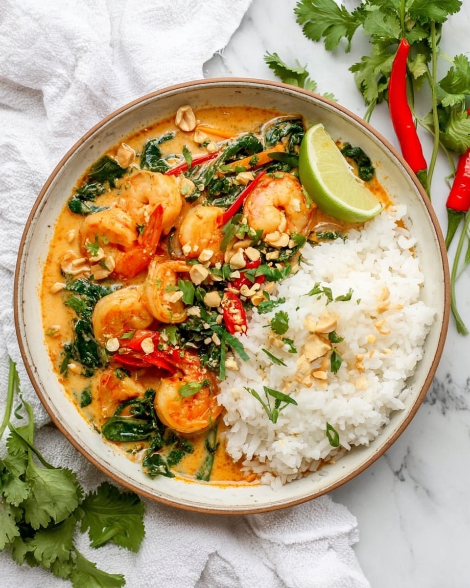 A shiny silver pan holds a creamy orange soup with visible ingredients including bright orange shrimp, green spinach leaves, thin strips of white onion, and red bell pepper slices, all mixed well in the soup. A gold spoon is scooping some soup, showing the shrimp and vegetables clearly. The pan sits on a white marbled surface with some small almond flakes scattered around. The overall look is warm and inviting, with smooth, mixed layers of soup and fresh vegetables and shrimp. photo taken with an iphone --ar 4:5 --v 7