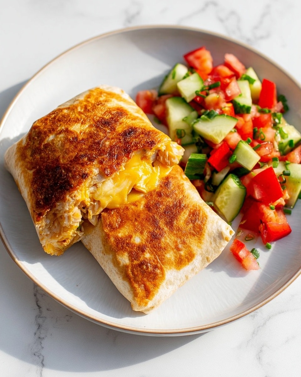 The image shows a white plate on a white marbled surface with two folded burritos stacked on top of each other on the left side. Each burrito has a golden-brown, crispy toasted tortilla layer outside. The top burrito is partially open on one side, showing melted yellow cheese and shredded light chicken inside. On the right side of the plate is a colorful fresh salad made of chopped red tomatoes, green cucumbers, and red bell pepper pieces mixed with green scallions. The whole scene has bright, natural lighting showing detailed textures of the food. Photo taken with an iphone --ar 4:5 --v 7