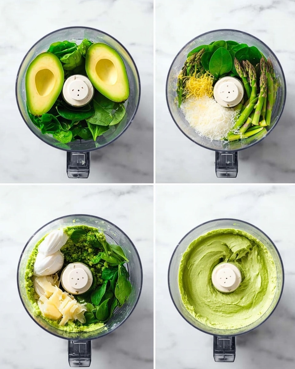 Four images show different stages of making a green sauce in a clear food processor bowl on a white marbled surface. The first image has two large bright green avocado halves placed inside the bowl. The second image adds fresh green spinach leaves, pale yellow garlic cloves, and green asparagus stalks arranged on top of the avocado. The third image adds white grated cheese, yellow lemon zest, and white salt sprinkled over the green and yellow mixture. The fourth image shows the food processor bowl filled with a smooth, light green creamy sauce with a soft texture and even surface. photo taken with an iphone --ar 4:5 --v 7