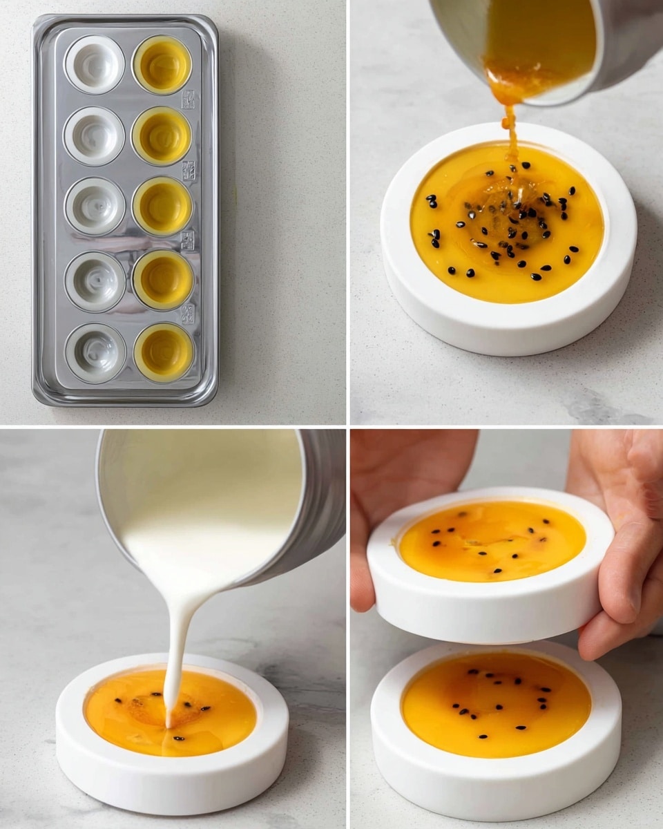 The image shows a step-by-step process of making round layered desserts. The first step has six yellow dough circles placed evenly on a textured baking mat. The second step shows a woman's hand holding a golden-brown round base while brushing it with a light cream spread. The third step shows the base covered with white shredded coconut pieces on a white marbled surface. The last step shows a layered dessert with white and yellow layers, topped with a small white disk, sitting on the coconut-covered base, with more of these desserts in the background. Photo taken with an iphone --ar 4:5 --v 7