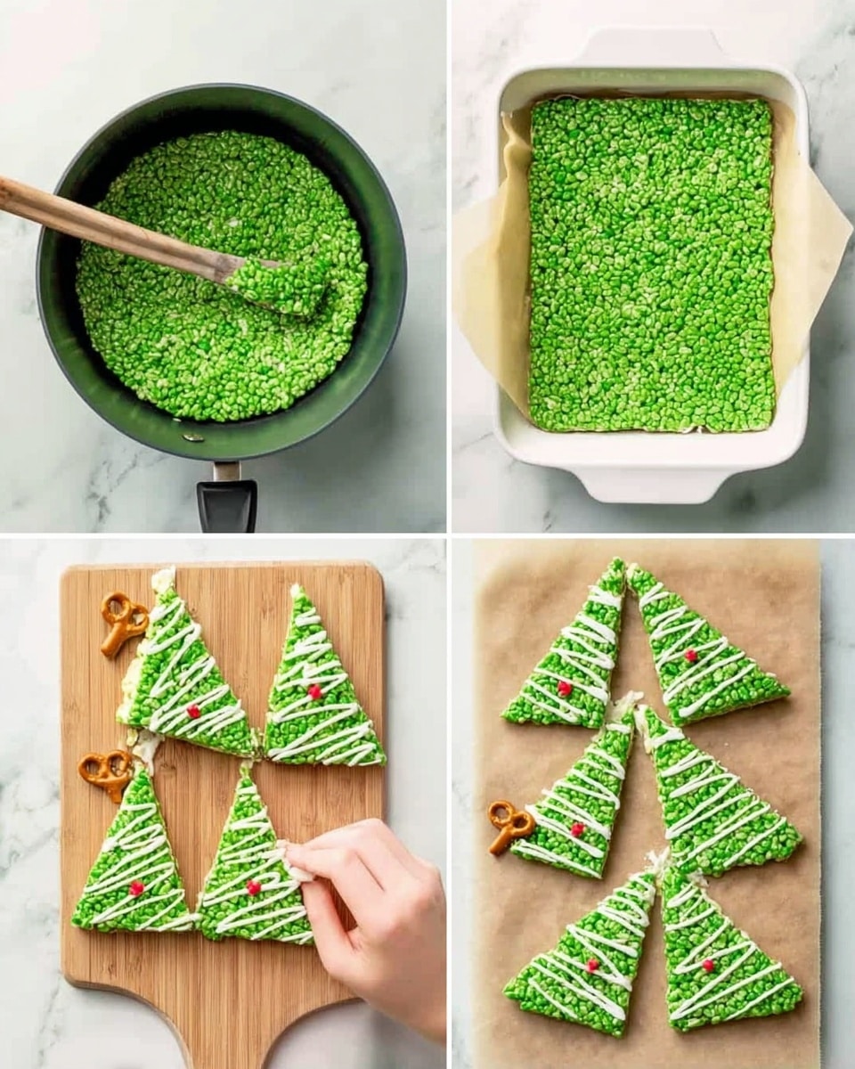 The image shows four steps of making green rice treats shaped like Christmas trees. The first step shows green sticky cereal mixture in a black pot with a spoon. The second step shows the green mixture pressed in a white square baking dish lined with parchment paper. The third step shows the mixture cut into small triangle shapes on a wooden board. The fourth step shows a woman's hand decorating the green triangle treat with white drizzle, a small red dot, and a pretzel stick placed at the bottom to look like a tree trunk. The background surface is white marbled texture photo taken with an iphone --ar 4:5 --v 7