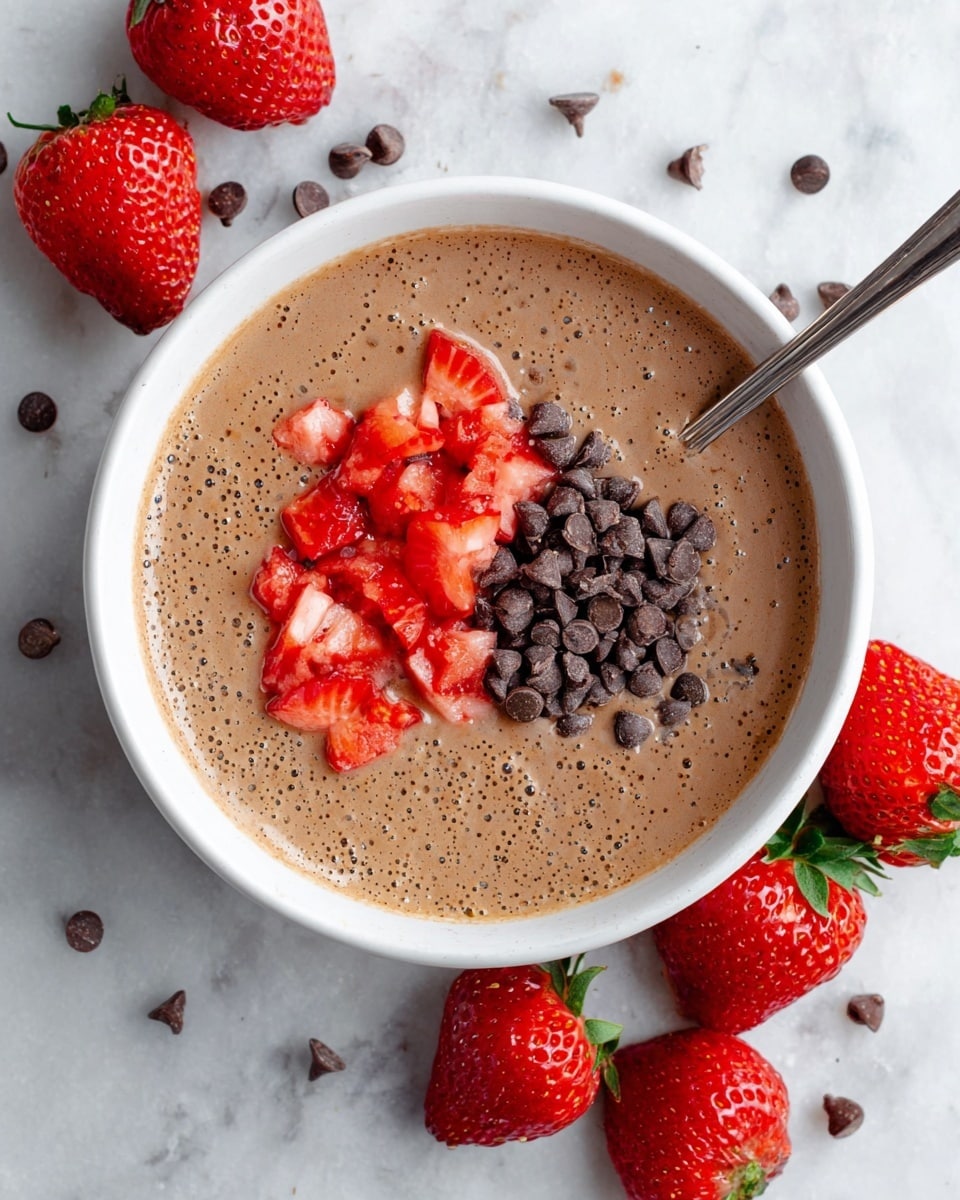 A white bowl filled with a creamy, light brown chocolate mixture that has a smooth texture with small bubbles on the surface. In the center of the bowl, there are two distinct toppings: a cluster of bright red chopped strawberries with glossy, juicy textures, and a pile of small dark brown chocolate chips. A silver spoon rests inside the bowl on the right side, partially dipped in the chocolate mixture. Around the bowl, fresh whole strawberries and scattered chocolate chips lie on a white marbled surface. Photo taken with an iphone --ar 4:5 --v 7
