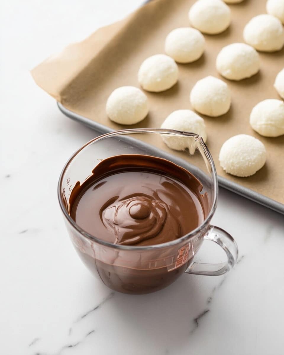 A clear glass measuring cup filled with smooth melted milk chocolate that has a shiny and creamy texture, sitting on a white marbled surface. Above the cup, there is a gray baking sheet lined with parchment paper holding multiple small round white dough balls arranged neatly in rows. The lighting is soft, highlighting the rich brown color of the chocolate and the light, matte finish of the dough balls. photo taken with an iphone --ar 4:5 --v 7