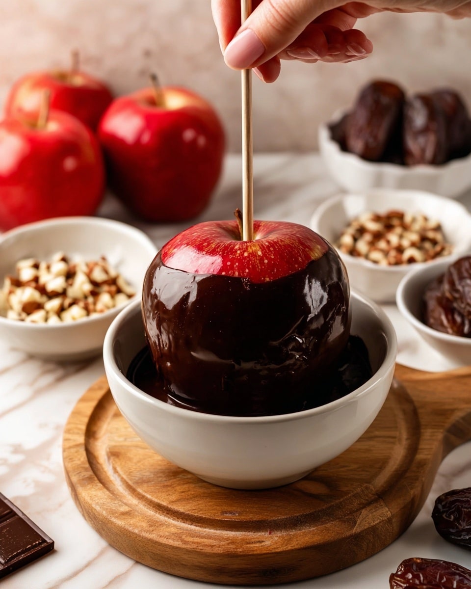 A red apple is being dipped into a shiny dark chocolate coating inside a white bowl. The apple has a light brown stick in its center, held by a woman's hand. The chocolate smoothly covers most of the apple, leaving the top part red and shiny. The bowl sits on a wooden board with a white marbled surface in the background. Surrounding the scene are small white bowls filled with chopped nuts and chocolate chunks, along with a couple of dark dates and a plate with red apples blurred in the back. Photo taken with an iphone --ar 4:5 --v 7