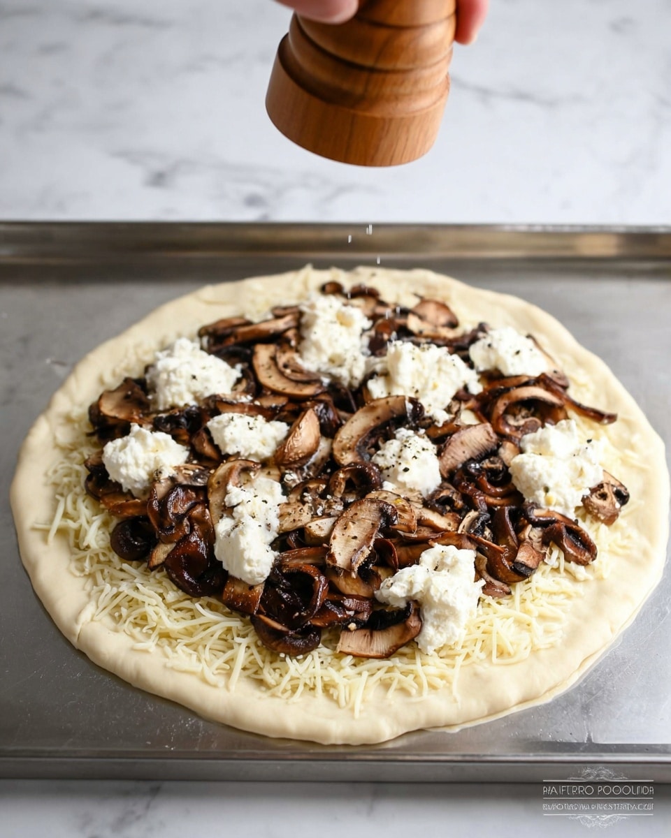 A round flat pizza dough base sits on a shiny baking sheet, topped with a first layer of shredded white cheese spread near the edges and center. On top of the cheese is a thick layer of browned, cooked mushroom slices that are rich dark brown with some lighter edges. Dollops of soft white ricotta cheese are scattered evenly over the mushrooms, with some light black pepper sprinkled on top. In the top right corner, a woman's hand holds a wooden pepper grinder above the pizza, adding fresh pepper. The background is a white marbled texture. photo taken with an iphone --ar 4:5 --v 7