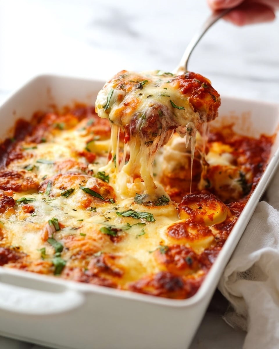 The image shows a white rectangular ceramic dish filled with a baked layered dish. The bottom layer is thick, dark red tomato sauce, topped with round slices of golden brown cooked food. Above this is a layer of melted, bubbly light yellow cheese, browned in spots, stretched by a spoon lifting a portion. Green herb pieces are scattered on top, adding a fresh touch. The dish sits on a white marbled surface with a white cloth nearby, and a woman's hand holding the spoon lifting the cheesy portion. Photo taken with an iphone --ar 4:5 --v 7
