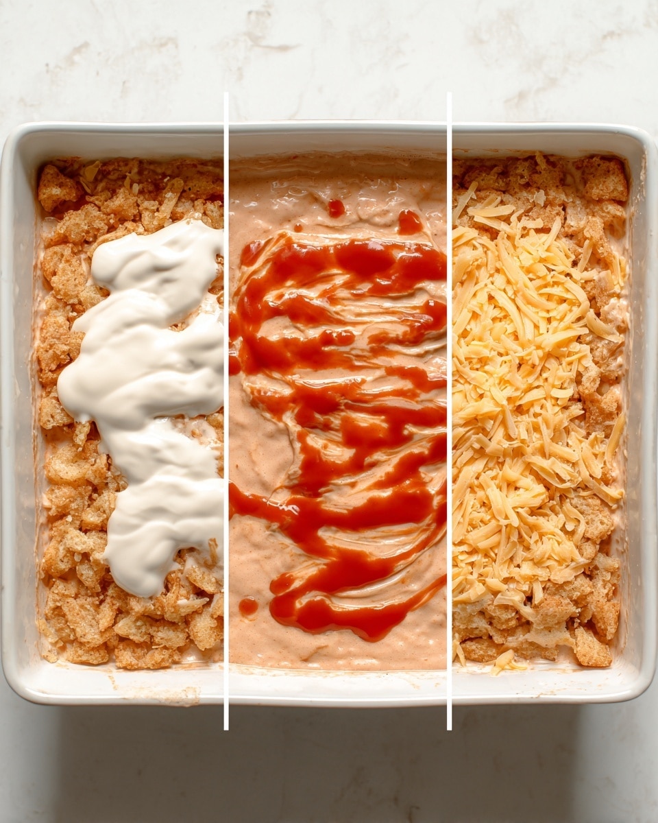 The image shows a square white dish with three layers shown in three panels. In the first panel, the bottom layer is light brown crispy pieces filling the dish, topped with two large dollops of white creamy sauce and a thick bright red sauce poured on one side. In the second panel, the dish is evenly spread with a thick pinkish-orange creamy mixture covering the entire surface. In the third panel, a handful of light yellow shredded cheese is scattered on top of the creamy layer. The dish is placed on a white marbled surface. photo taken with an iphone --ar 4:5 --v 7