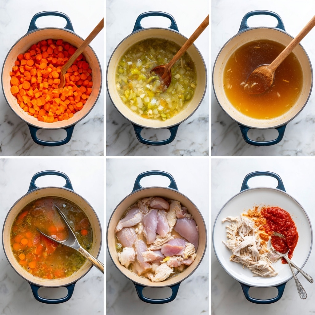 The image shows six steps of making chicken soup in a white pot with navy blue handles placed on a white marbled surface. The first step shows chopped orange carrots, light green celery, and onions cooking in clear oil with a wooden spoon stirring them. The second step shows a clear light brown broth with small vegetable bits and the wooden spoon resting inside the pot. In the third step, raw light pink chicken is being placed into the broth with silver tongs. The fourth step shows cooked whole chicken pieces floating in the broth with visible diced carrots and celery. The fifth step shows shredded chicken on a white plate with two silver forks beside it. The sixth step shows the pot filled with broth, cooked shredded chicken, bright red tomato paste, and white powdery seasoning on top, being stirred with the wooden spoon. Photo taken with an iphone --ar 4:5 --v 7