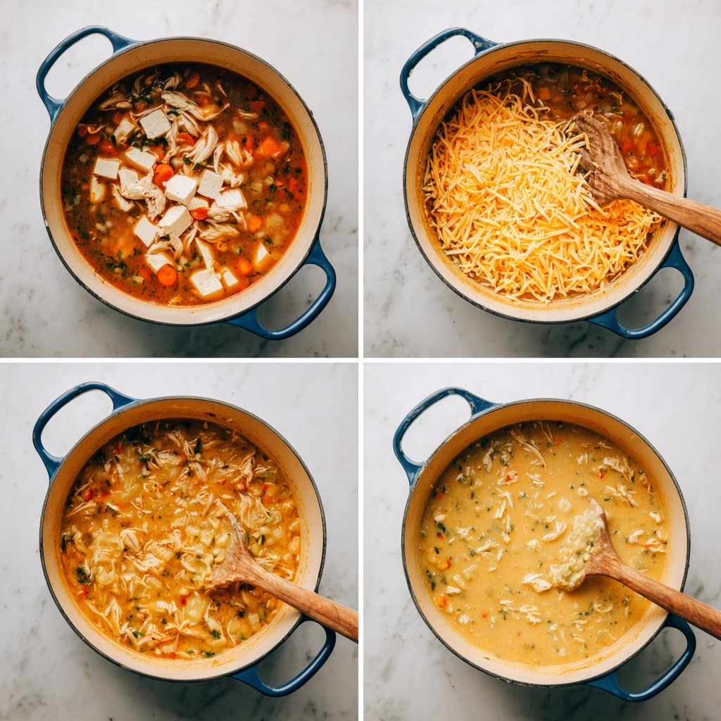 A white round pot with blue handles on a white marbled surface shows four stages of cooking in a grid. In the first frame, the pot is filled with a reddish broth with visible vegetables and small pieces of shredded chicken, topped with large cubes of white tofu, and a wooden spoon partly submerged. The second frame shows the pot with a thick, creamy light orange mixture containing small pieces of vegetables, mixed well with the wooden spoon resting inside. In the third frame, shredded orange cheese is added on top of the creamy mixture, with the wooden spoon positioned near the cheese. The fourth frame displays the pot with the cheese fully mixed in, resulting in a smooth and creamy light orange soup with tiny vegetable bits, with the wooden spoon laying inside. Photo taken with an iphone --ar 4:5 --v 7