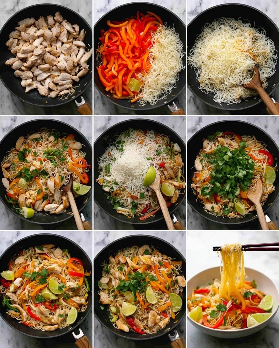 A series of nine images showing the cooking process of a noodle stir fry in a black pan over a white marbled surface. The first layer shows raw sliced chicken pieces spread in the pan. The second adds bright orange and red julienned bell peppers on top of the chicken. The third adds a heap of white shredded cheese over the chicken and peppers in the pan with a woman's hand holding a wooden spoon stirring. The fourth adds cooked white noodles over the cheese layer with the hand stirring again. The fifth adds chopped fresh green herbs and more noodles, combined with the other ingredients. The sixth shows the contents stirred together, with a mixture of white noodles, chicken pieces, and colorful veggies evenly mixed in the pan. The seventh shows a yellow sauce poured over the cooked mixture. The eighth image shows the fully mixed bright final dish with noodles, chicken, bell peppers, fresh herbs, and lime slices on top. The ninth photo is a close-up of the plated dish in a white bowl with chopsticks holding some noodles, garnished with fresh herbs and bell pepper strips, set on a white marbled surface. photo taken with an iphone --ar 4:5 --v 7