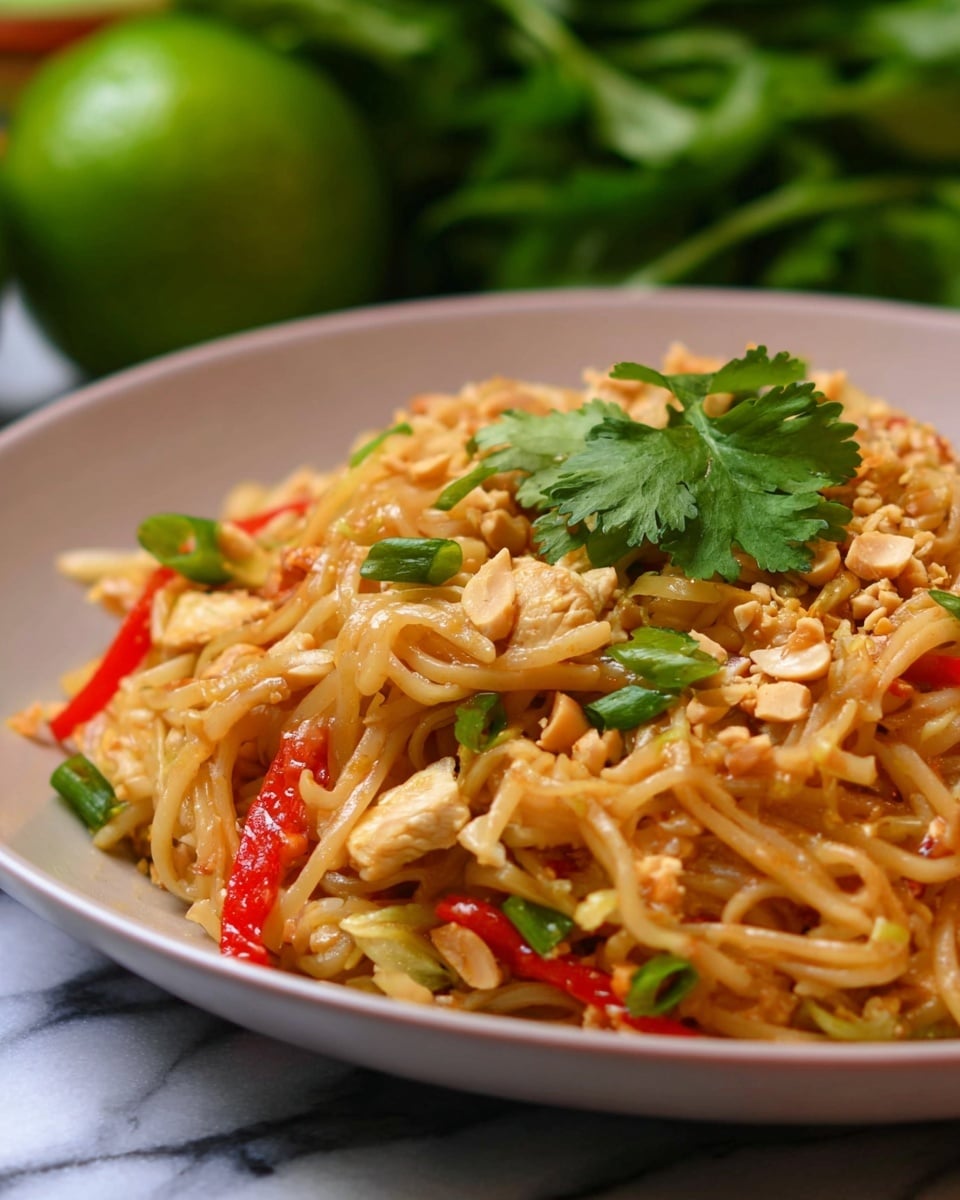 A close-up of a plate filled with stir-fried noodles mixed with small pieces of chicken, thin red pepper strips, chopped green onions, and crushed peanuts on top. The noodles are light brown with a slight shine from sauce, and there is a sprig of fresh green cilantro placed in the center. The plate is white, and the background shows a green lime and some leafy greens, all set on a white marbled surface. photo taken with an iphone --ar 4:5 --v 7