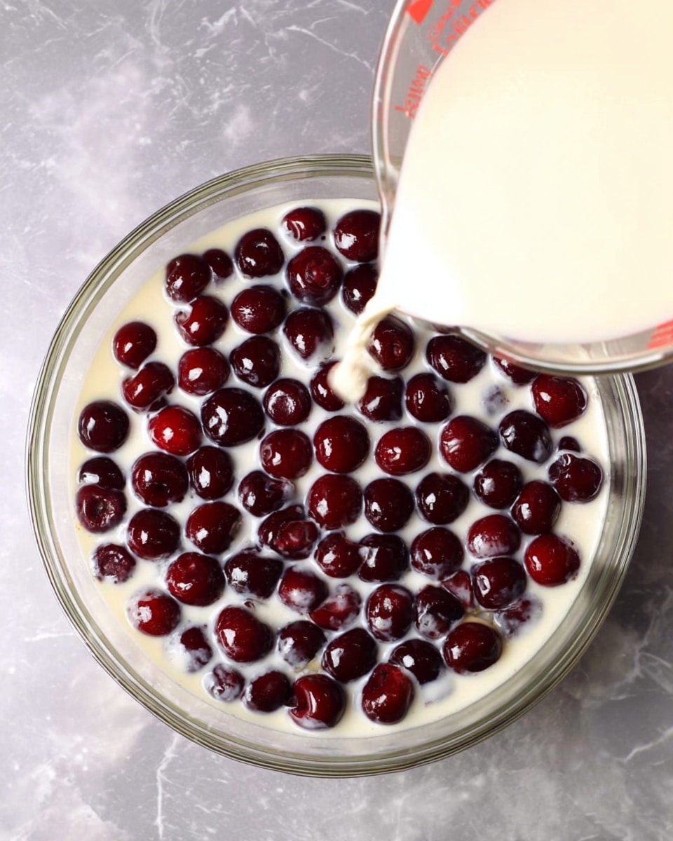 A clear round glass dish filled with two layers is shown from above; the bottom layer has dark red cherries spread evenly, and a creamy white liquid mixture is being poured from a glass measuring cup into the dish, ready to cover the cherries as the top layer. The background surface is a white marbled texture. Photo taken with an iphone --ar 4:5 --v 7
