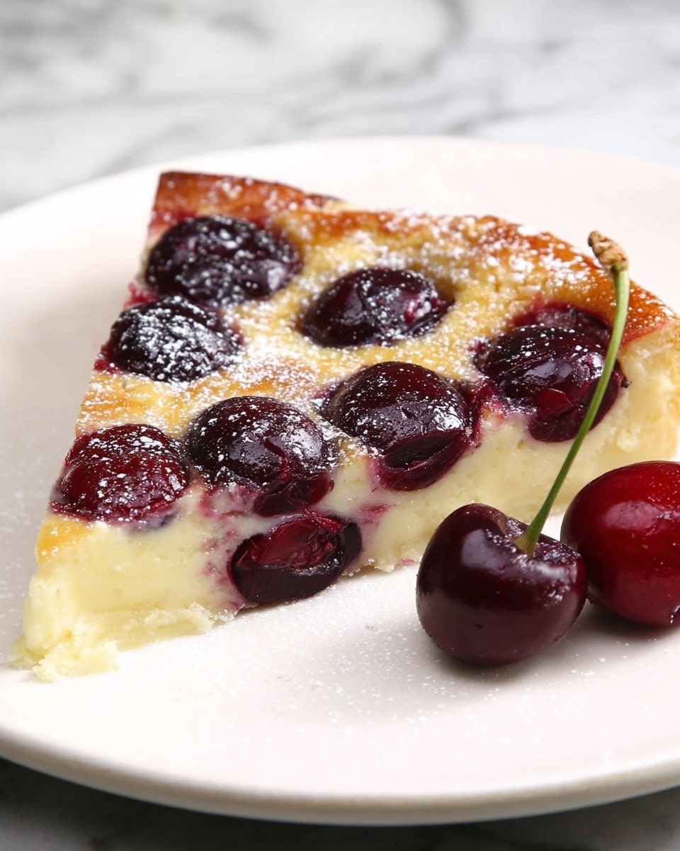 A slice of cherry clafoutis is placed on a white plate, showing two layers: the bottom layer is creamy and pale yellow with a smooth texture, while the top layer is a golden-brown baked custard embedded with whole dark red cherries, some cut in half revealing their juicy inside. A light dusting of powdered sugar covers parts of the top. Next to the slice, there is one whole dark red cherry with a green stem. The plate sits on a white marbled surface. photo taken with an iphone --ar 4:5 --v 7