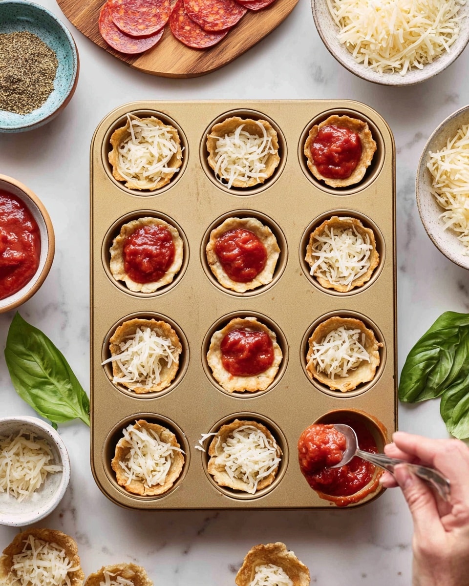 The image shows a golden muffin tin with twelve small crusts shaped like cups, each crust having a rough, slightly browned texture. Some of these cups have a light layer of shredded white cheese inside, while a few also have a dollop of bright red tomato sauce on top. A woman's hand in the bottom right corner is holding a spoon, spreading tomato sauce inside one of the crust cups in the tin. Around the tin, there are white bowls filled with shredded cheese, dried herbs, and pepperoni slices, some fresh green basil leaves resting on a wooden board, all on a white marbled surface. photo taken with an iphone --ar 4:5 --v 7