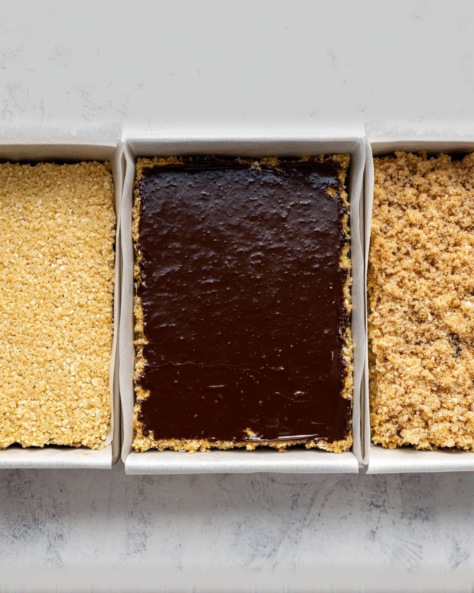 The image shows three stages of making a layered oat dessert in a white square pan lined with parchment paper, placed on a white marbled surface. The first stage on the left has a single even layer of golden oat mixture pressed into the pan with visible oats and a slightly rough texture. The middle stage shows a dark, smooth, glossy chocolate layer spread evenly over the golden oat base, with some uneven shine and small air bubbles. The third stage on the right has a final top layer of golden oat mixture crumbled over the chocolate layer, looking dry and rough with some small dark spots peeking through. Photo taken with an iphone --ar 4:5 --v 7
